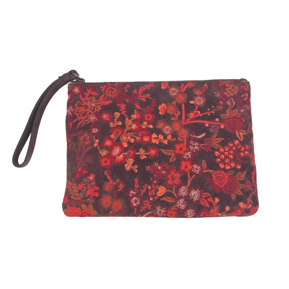 Lucky Brand Wristlet Pouch Women OS Burgundy Floral Embroidered Suede Boho